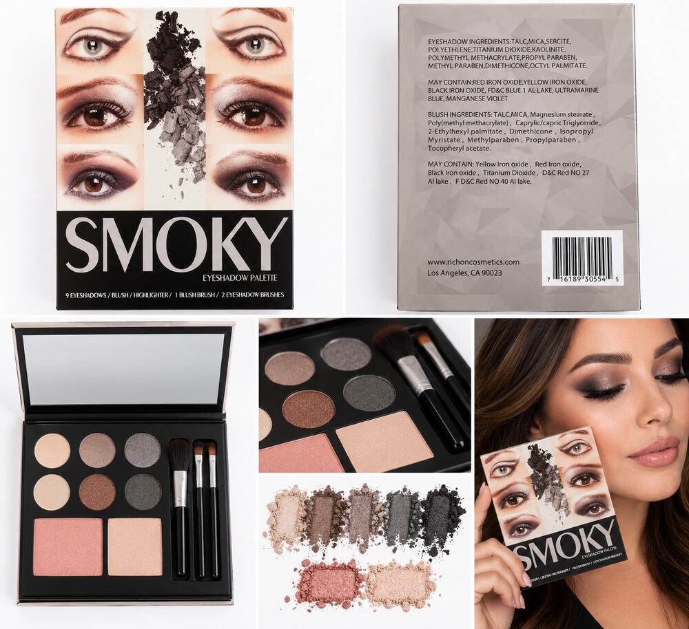 SMOKY Eyeshadow Palette – 9 Eyeshadows, Blush, Highlighter & 3 Brushes